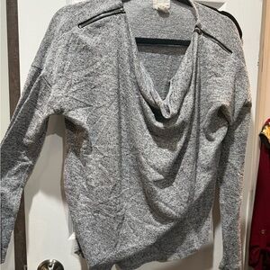 Andrea Jovine Heather Gray Draped Cowl Neck Sweater with Zip Detail